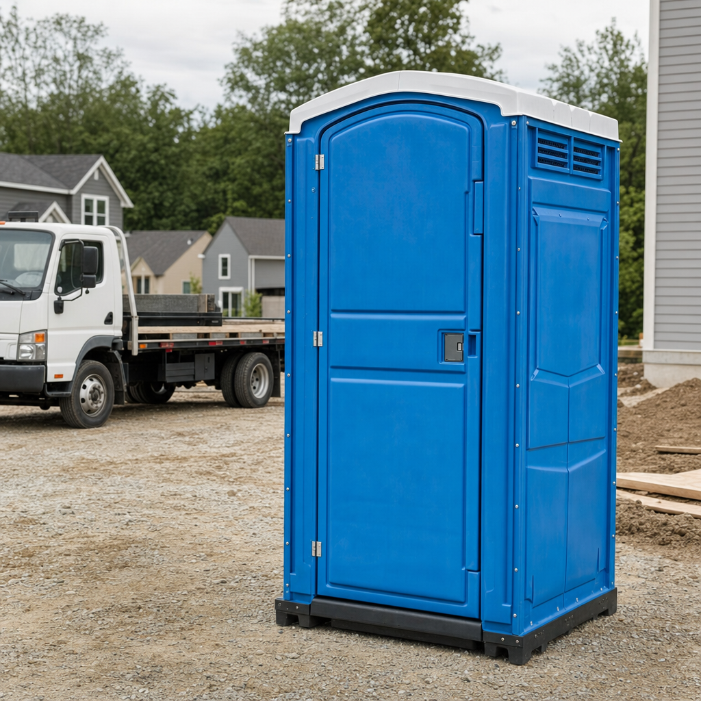 Delivery driver positioning a clean royal-blue portable toilet on level ground at a Tacoma worksite