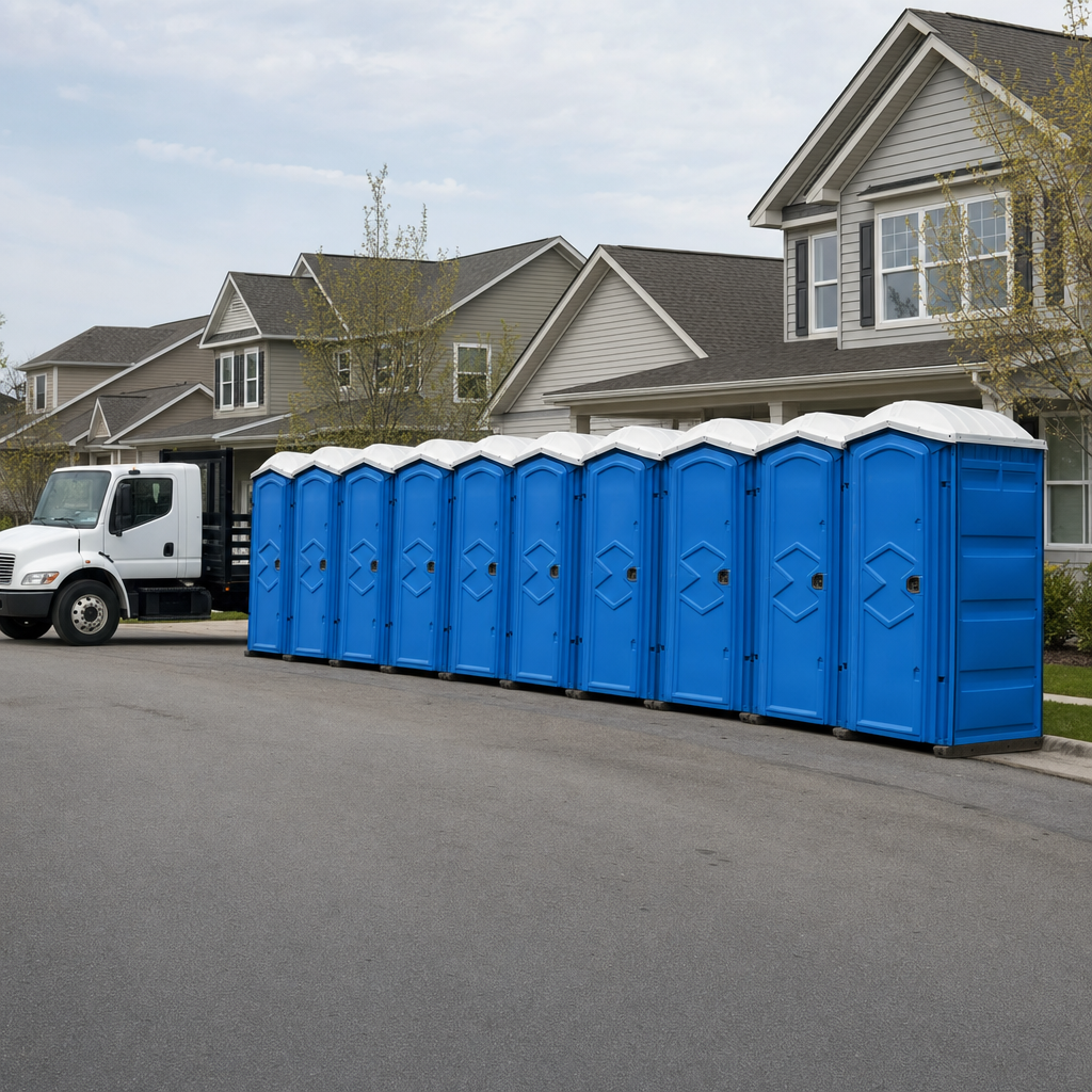 Royal blue portable toilets staged in a tidy row at a Tacoma jobsite, ready for delivery